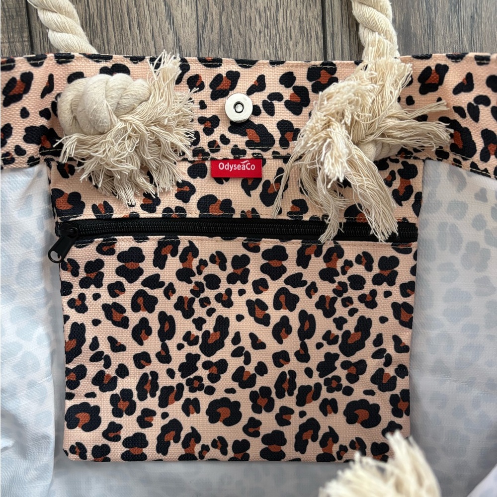 Cheetah canvas large tote shoulder beach bag with rope straps - Picture 3 of 6